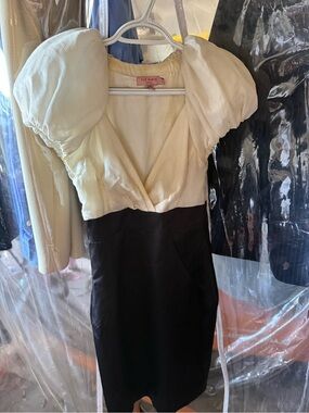 Ted Baker Ivory and Black Puff Sleeve Sheath Dress